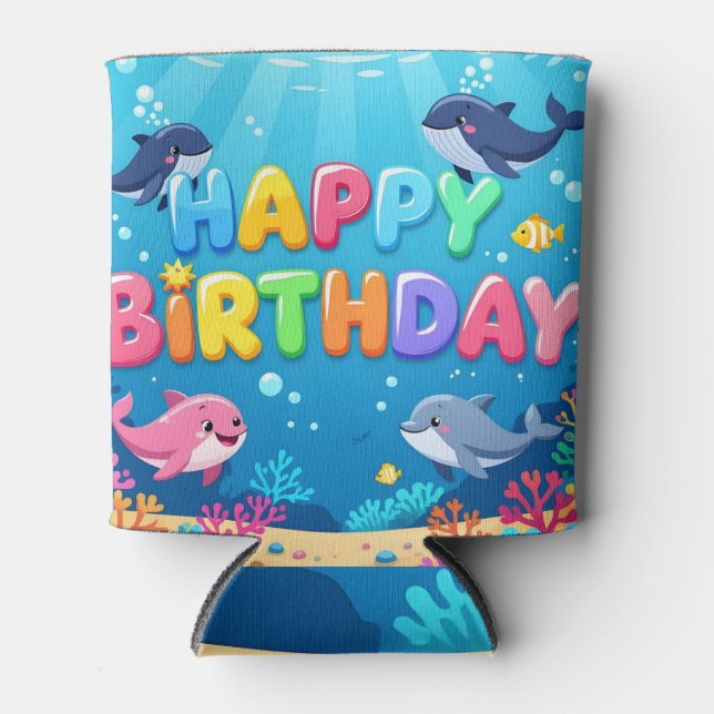 Cute Happy Birthday nautical dolphin Can Cooler (Front)
