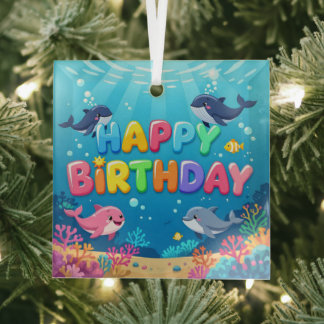 Cute Happy Birthday nautical dolphin Glass Tree Decoration