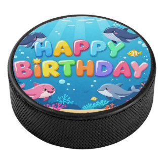 Cute Happy Birthday nautical dolphin Hockey Puck