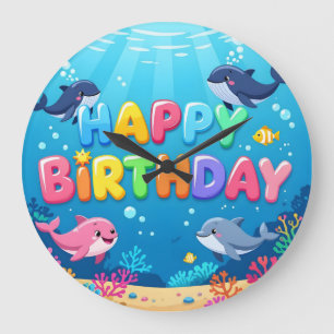 Cute Happy Birthday nautical dolphin Large Clock