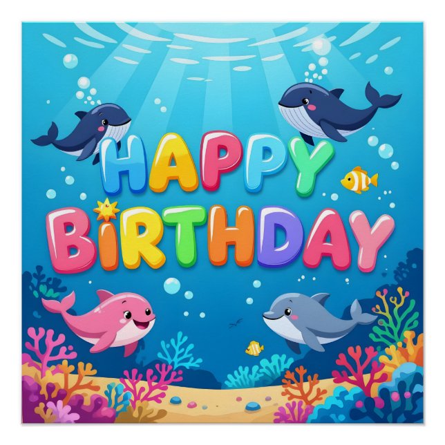 Cute Happy Birthday nautical dolphin Poster (Front)