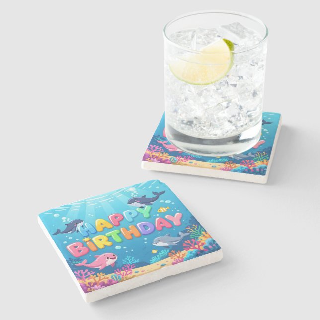 Cute Happy Birthday nautical dolphin Stone Coaster (Side)