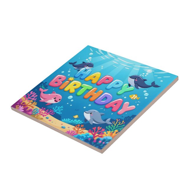 Cute Happy Birthday nautical dolphin Tile (Side)