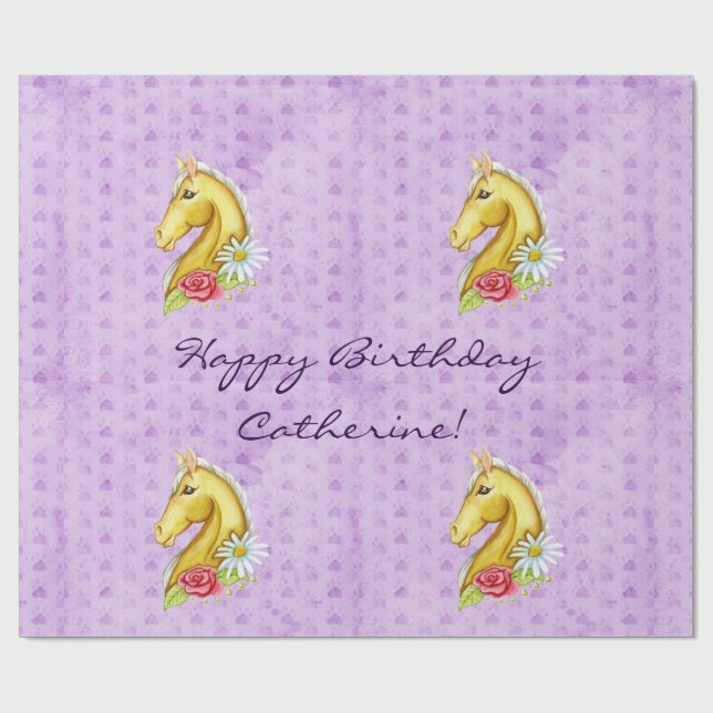 Cute "Happy Birthday" Palomino Horse Birthday Wrapping Paper (Flat)