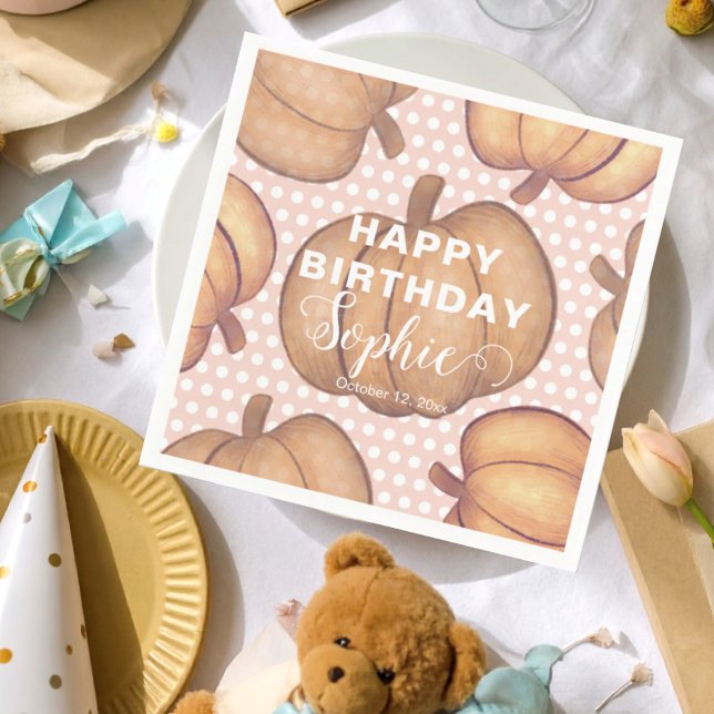 Cute Happy Birthday Pink & Orange Pumpkin Party  Napkin (Creator Uploaded)