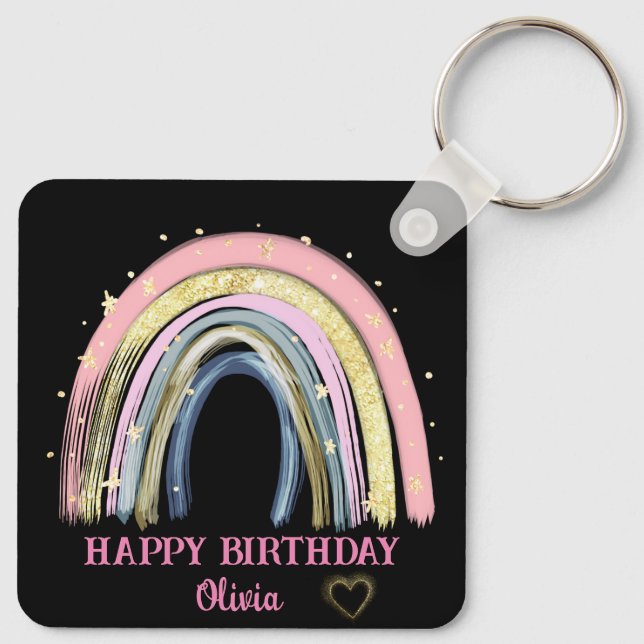 Cute  Happy Birthday Rainbow Custom Name  Key Ring (Back)