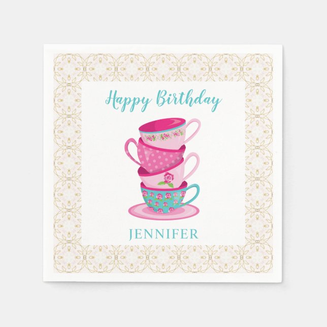 Cute Happy Birthday Tea Party Pink Whimsical cups Napkin (Front)