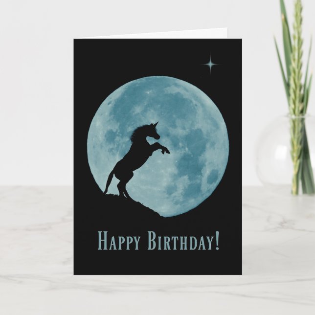 Cute Happy Birthday Unicorn and Blue Moon Card (Front)