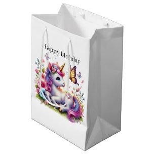 Cute Happy Birthday unicorn lovers customisable Medium Gift Bag