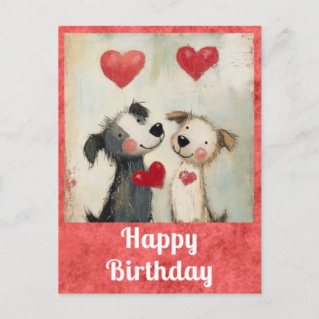 Cute Happy Birthday Watercolor Puppy Dog Heart Postcard (Front)