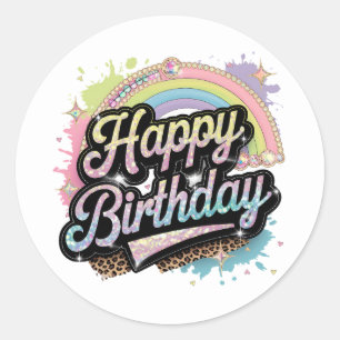 Cute Happy Birthday word art ladies Classic Round Sticker