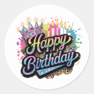 Cute Happy Birthday word art ladies  Classic Round Sticker