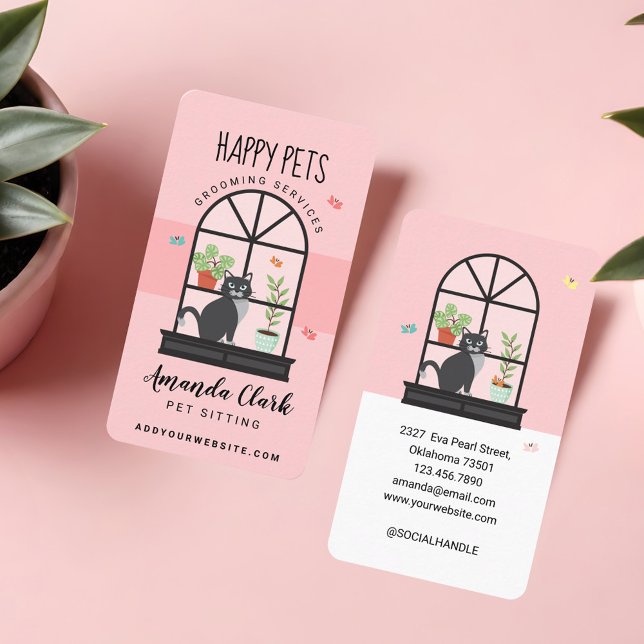 Cute Happy Black Cat on Window Sill Pet Sitting Business Card (Cute Happy Black Cat on Window Sill Pet Sitting Business Card)