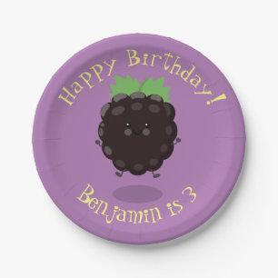 Cute happy blackberry purple cartoon illustration paper plate