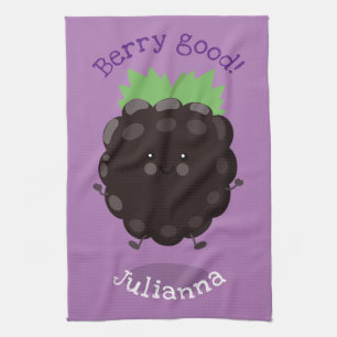 Cute happy blackberry purple cartoon illustration tea towel