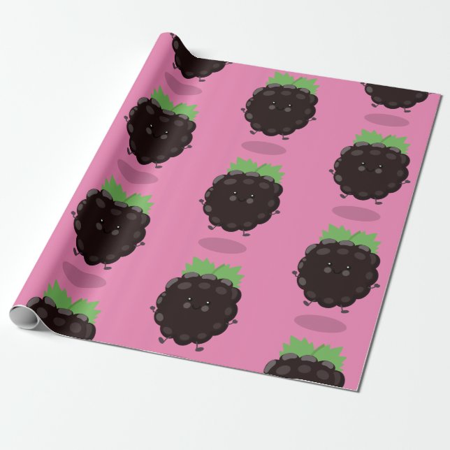 Cute happy blackberry purple cartoon illustration wrapping paper (Unrolled)