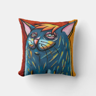 Cute Happy Blue Cat Digital Oil Pastel Cushion