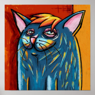 Cute Happy Blue Cat Digital Oil Pastel Poster