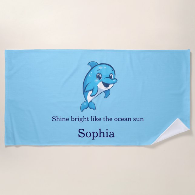 Cute Happy Blue Dolphin Cartoon Sea Creature Beach Towel (Front)