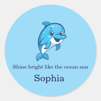 Cute Happy Blue Dolphin Cartoon Sea Creature Classic Round Sticker