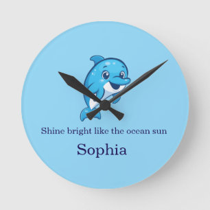 Cute Happy Blue Dolphin Cartoon Sea Creature Round Clock