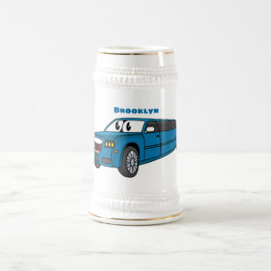 Cute happy blue Limousine cartoon car Beer Stein