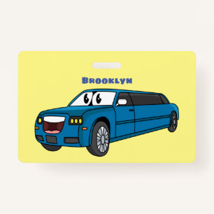 Cute happy blue Limousine cartoon car ID Badge