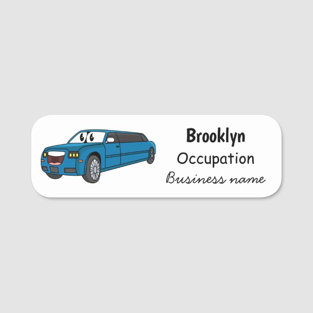 Cute happy blue Limousine cartoon car Name Tag (Front)