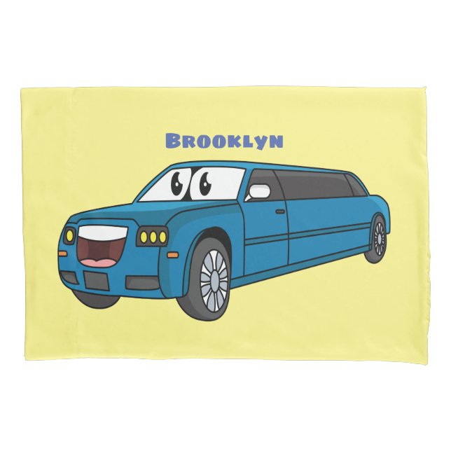 Cute happy blue Limousine cartoon car Pillowcase (Front)