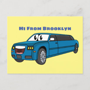 Cute happy blue Limousine cartoon car Postcard