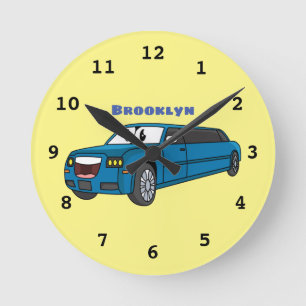 Cute happy blue Limousine cartoon car Round Clock
