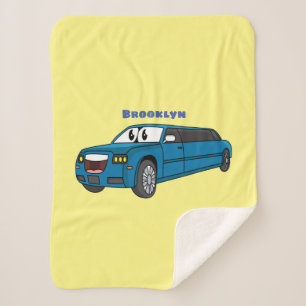 Cute happy blue Limousine cartoon car Sherpa Blanket