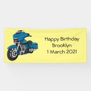 Cute happy blue motorcycle cartoon banner