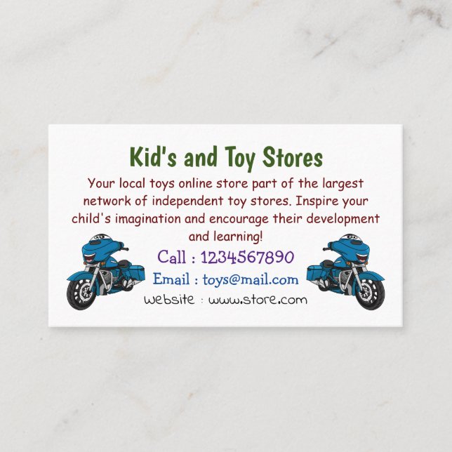 Cute happy blue motorcycle cartoon business card (Front)