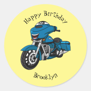 Cute happy blue motorcycle cartoon classic round sticker