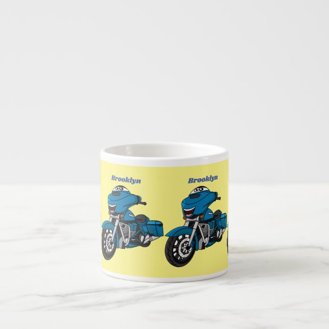 Cute happy blue motorcycle cartoon espresso cup (Front)
