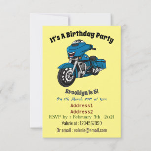 Cute happy blue motorcycle cartoon invitation