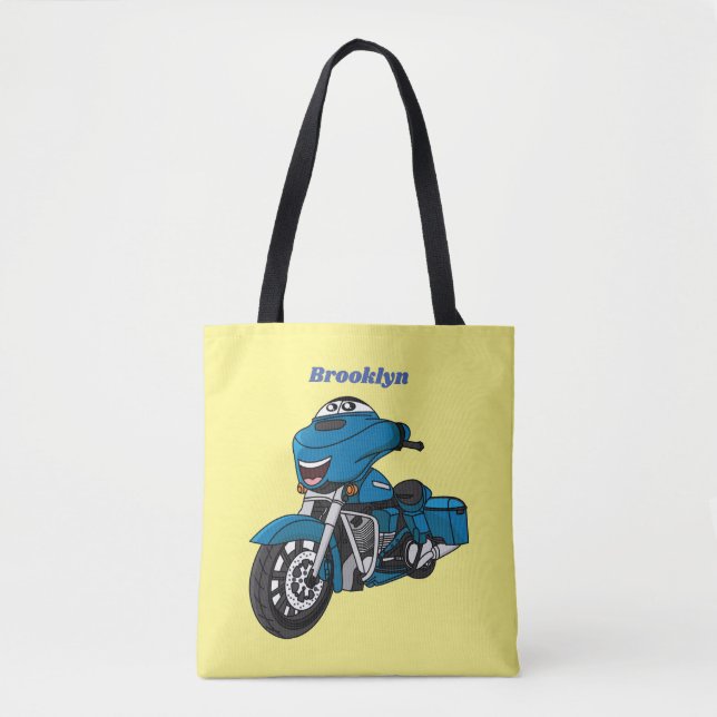 Cute happy blue motorcycle cartoon tote bag (Front)