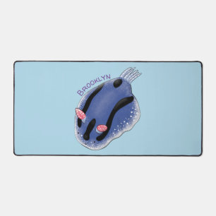 Cute happy blue nudibranch cartoon illustration desk mat