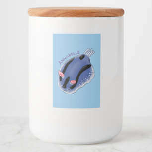 Cute happy blue nudibranch cartoon illustration food label