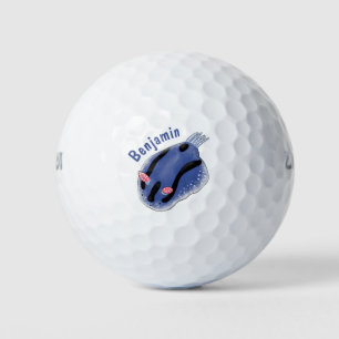 Cute happy blue nudibranch cartoon illustration golf balls