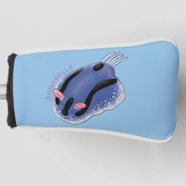 Cute happy blue nudibranch cartoon illustration golf head cover (Front)
