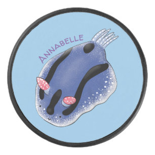 Cute happy blue nudibranch cartoon illustration hockey puck