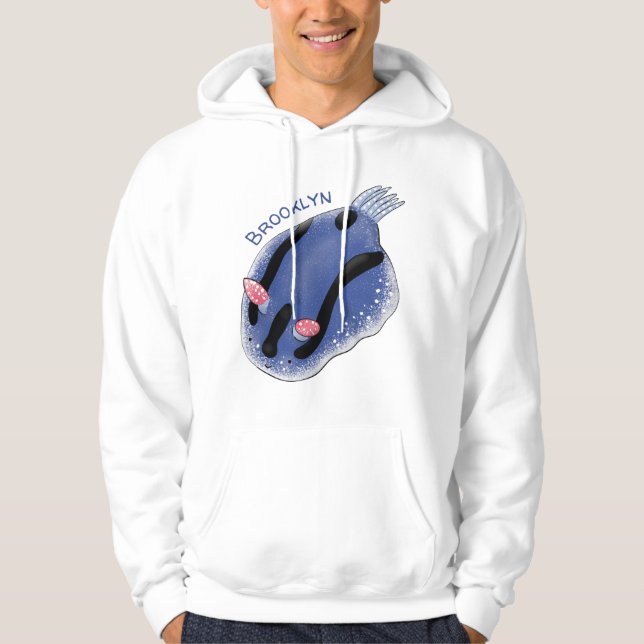 Cute happy blue nudibranch cartoon illustration hoodie (Front)