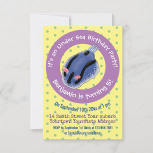 Cute happy blue nudibranch cartoon illustration invitation