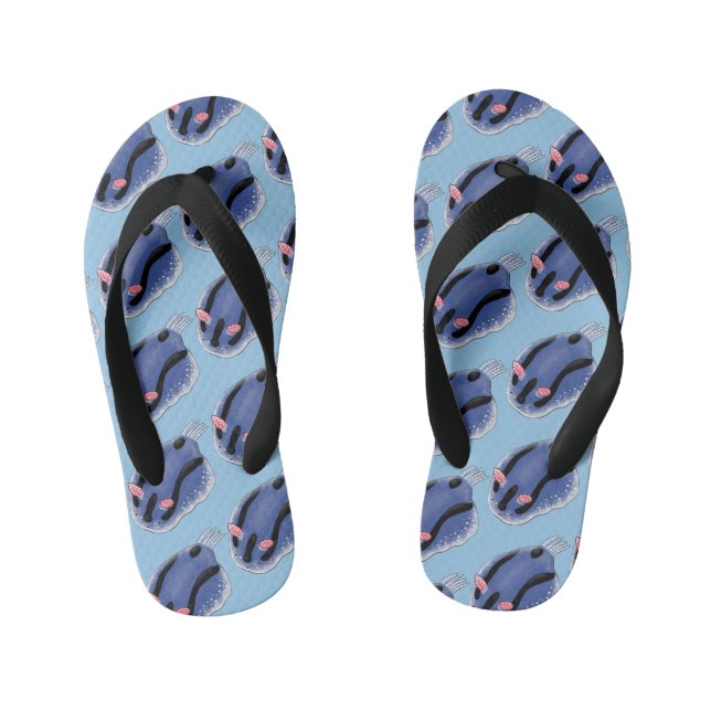 Cute happy blue nudibranch cartoon illustration kid's jandals (Footbed)