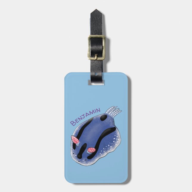 Cute happy blue nudibranch cartoon illustration luggage tag (Front Vertical)