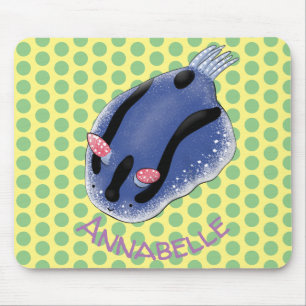 Cute happy blue nudibranch cartoon illustration mouse pad