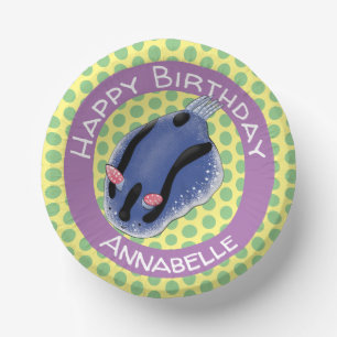 Cute happy blue nudibranch cartoon illustration paper plate