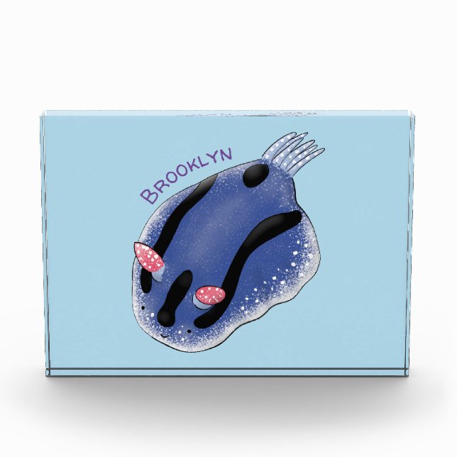Cute happy blue nudibranch cartoon illustration photo block (Front)